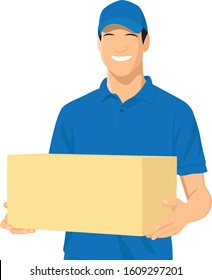 Smiling delivery man in blue uniform holding a package box - flat vector illustration.