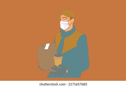 Smiling delivery man in blue uniform holding a package box - flat vector illustration.