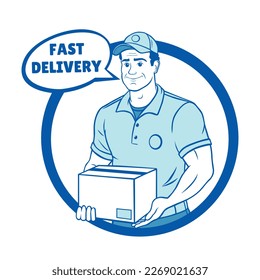 Smiling delivery man in blue uniform holding a package box. Vector sticker on white background.