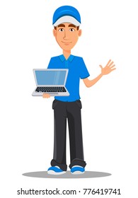 Smiling delivery man in blue uniform holding laptop. Vector illustration on white background. 