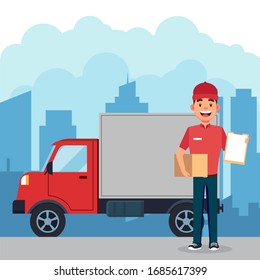 Smiling delivery man with cardbox courier and truck vector illustration