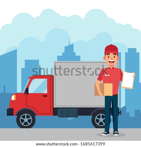 Smiling delivery man with cardbox courier and truck vector illustration