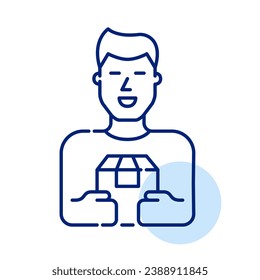 Un repartidor sonriente entrega en una caja de paquetes. Icono perfecto de píxeles