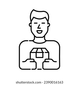 Smiling delivery man handing in a parcel box. Pixel perfect, editable stroke