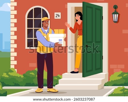 A smiling delivery man hands packages to a woman at her doorstep. She welcomes him with a friendly wave. Red brick house with a green door. Concept of home delivery service. Vector illustration
