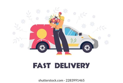 Smiling delivery man holding big fresh flower bouquet flat style, vector illustration isolated on white background. Flower fast delivery service, car with print