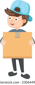 Un repartidor sonriente sostiene una caja de paquetes