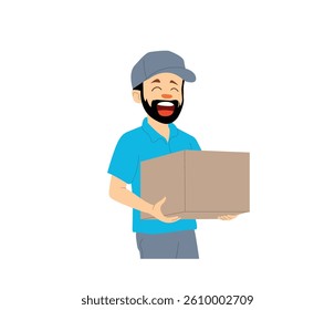 Smiling Delivery Man Holding a Package – Flat Vector Illustration of Courier Service Concept