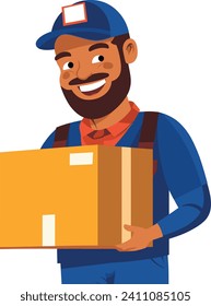 A smiling delivery man holds a package in this colorful vector illustration.