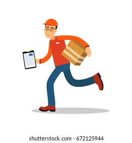 Smiling delivery man running with cardbox, courier in uniform at work cartoon character vector Illustration