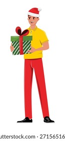 Hombre sonriente de la entrega en el sombrero de Santa que sostiene la caja de regalo grande, ilustración del carácter del servicio de mensajería de las Navidades para las compras, el envío, y la celebración de las vacaciones