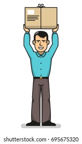 Smiling Delivery Man Standing With Hands Up And Holding Box. Vector Illustration.