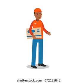 Smiling delivery man standing and holding big envelope, courier in uniform at work cartoon character vector Illustration