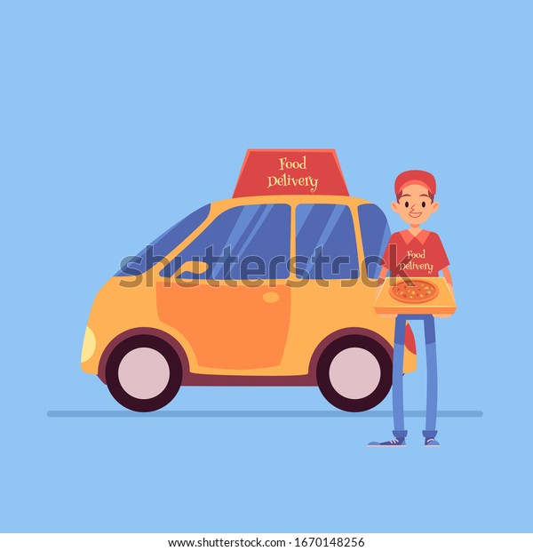 Smiling\
delivery man stands holding pizza box near car cartoon style,\
vector illustration isolated on blue background. Male pizza or pie\
courier with automobile, food delivery\
service