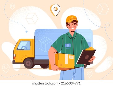 Smiling delivery man. Young man stands next to truck and holds box with order. Courier delivers parcel. Logistics and cargo shipping. Employee quickly bring purchases. Cartoon flat vector illustration