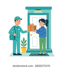 A smiling delivery person in uniform hands a gift-wrapped package to a smiling woman standing at her front door.
