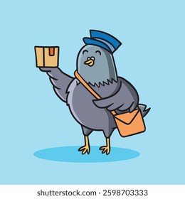 Smiling delivery pigeon is showing a package to be delivered