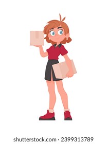 Smiling Delivery Woman in Red Uniform Holding a Paper Box. Cute Girl Delivering Goods in Vector Cartoon Style.