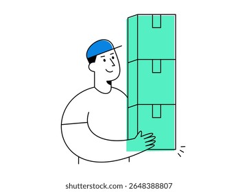 A smiling delivery worker in blue cap carrying bulk product with three large green boxes, representing cheerful logistics and transportation services