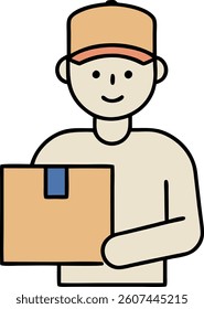 Smiling delivery worker holding a box.