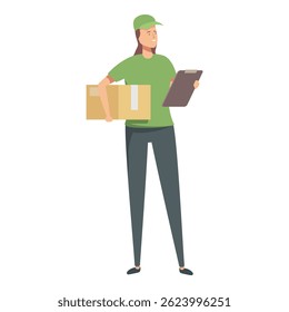 Smiling delivery worker holding cardboard boxes and a clipboard