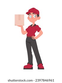 Smiling Deliveryman with Parcel: Friendly courier in red uniform holding a paper box. Vector cartoon illustration.