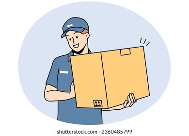 Smiling deliveryman in uniform holding cardboard package. Happy male courier with box deliver order to client. Good delivery service. Vector illustration.