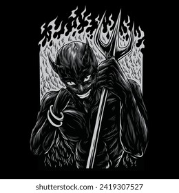 Smiling Demon in Hell in Black and White Illustration