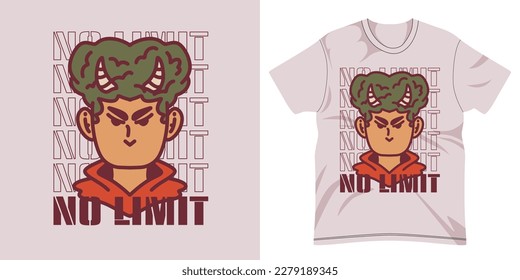 Smiling demonic person character illustration for t-shirt or jacket design, No Limit text illustration, The design can still be changed in color.