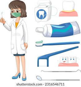 Smiling Dentist and Dental Elements Vector Set illustration