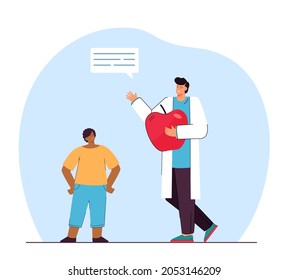 Smiling dentist doctor recommending kid to eat apple. Man nutritionist offering fruit diet to woman patient. Flat cartoon vector illustration. Nutrition, healthcare concept.