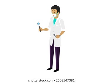 A smiling dentist holding dental instruments, wearing a white coat, standing confidently in a modern clinic environment, representing professionalism and patient care.