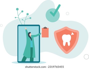 Smiling dentist on phone screen with checkmark and tooth. Online consultation with dental professional flat vector illustration