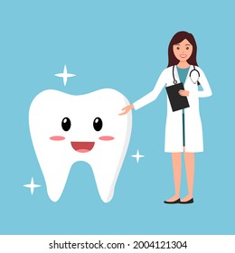 Smiling dentist with tooth cartoon character in flat design. Dental care. Oral health.