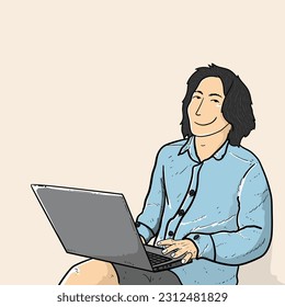 Smiling Designer Programmer Worker while working with laptop isolated on peach colour background vector modern illustrations