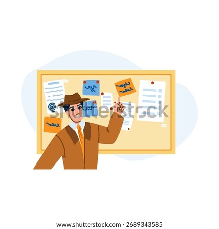 Smiling detective analyzing clues and evidence pinned on a board, surrounded by colorful sticky notes and documents, diligently investigating a complex crime mystery