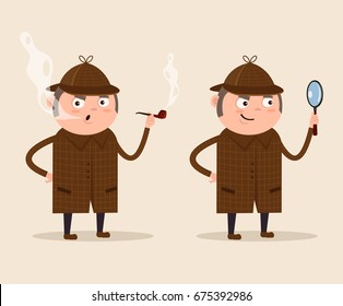 Smiling detective man character looking through magnifying glass and smoking pipe. Vector flat cartoon illustration
