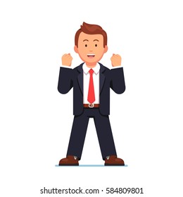 Smiling and determined business man celebrating his successful victory expressing yes gesture in satisfaction with both hands clenched fists while standing confidently. Flat style vector illustration.