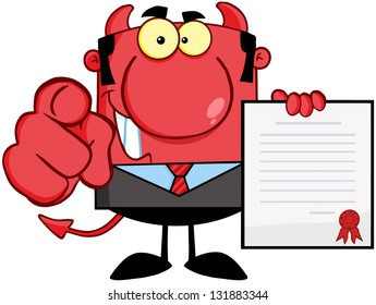 Smiling Devil Boss Holds Up A Contract And Hand Pointing Finger