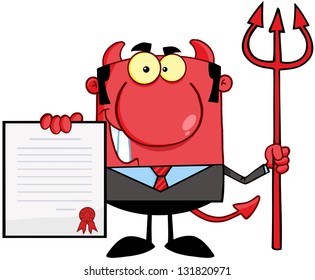 Smiling Devil Boss With A Trident Holds Up A Contract