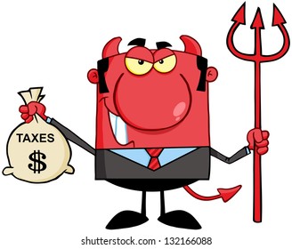 Smiling Devil With A Trident And Holding Taxes Bag