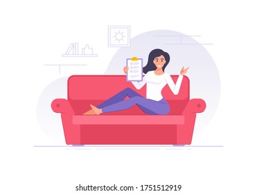 Smiling diligent woman showing clipboard with check list sitting on sofa vector illustration. Flat female character on couch and demonstrating check list successful isolated on white background