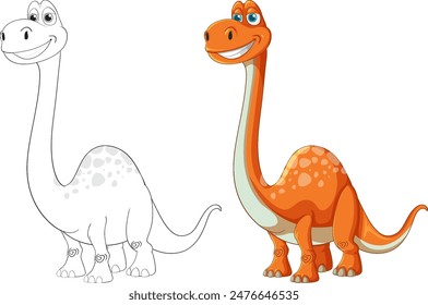 Smiling dinosaur in color and outline versions