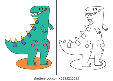 Smiling dinosaur coloring page, cute tyrannosaurus for colorations, childish vector illustration for coloring book, outline doodle drawing with colored example, isolated clipart on white background