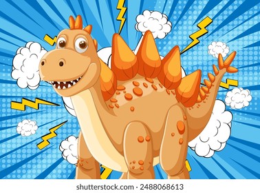 Smiling dinosaur with comic book background