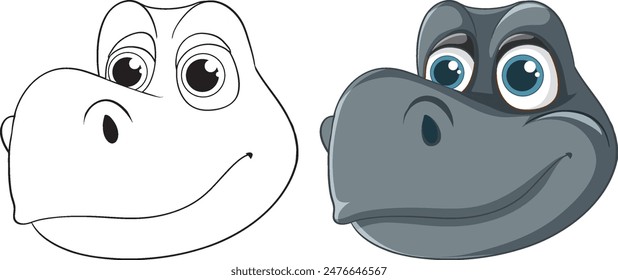 Smiling dinosaur faces in color and outline