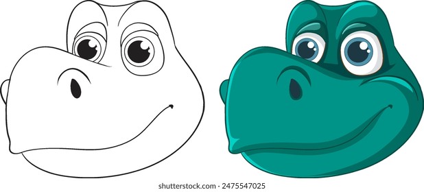 Smiling dinosaur head in color and outline