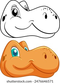 Smiling dinosaur head in color and outline