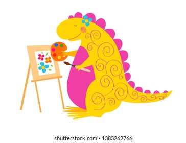 A smiling dinosaur paints a picture. Cute animal. Dino painter.  Vector background. Isolated hand drawn illustration. Funny character for kids. Pencil texture.