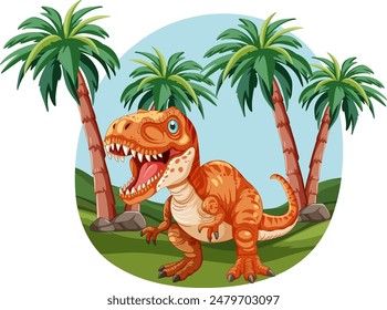 Smiling dinosaur surrounded by palm trees